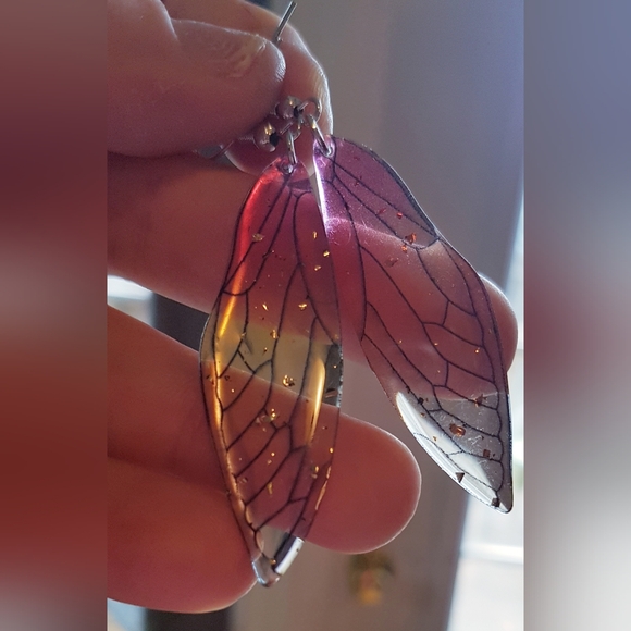 Winging It Earrings Red and Yellow Transluscent Wings Handmade Jewelry - Picture 4 of 12